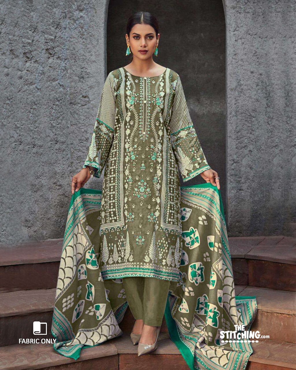 Green unstitched dress material