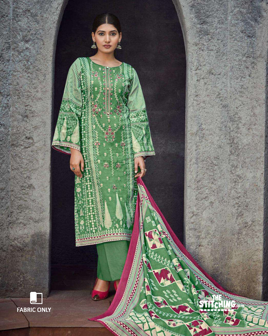 Green unstitched dress material