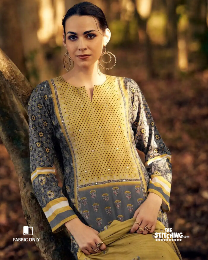 Yellow Grey Unstitched Dress Material