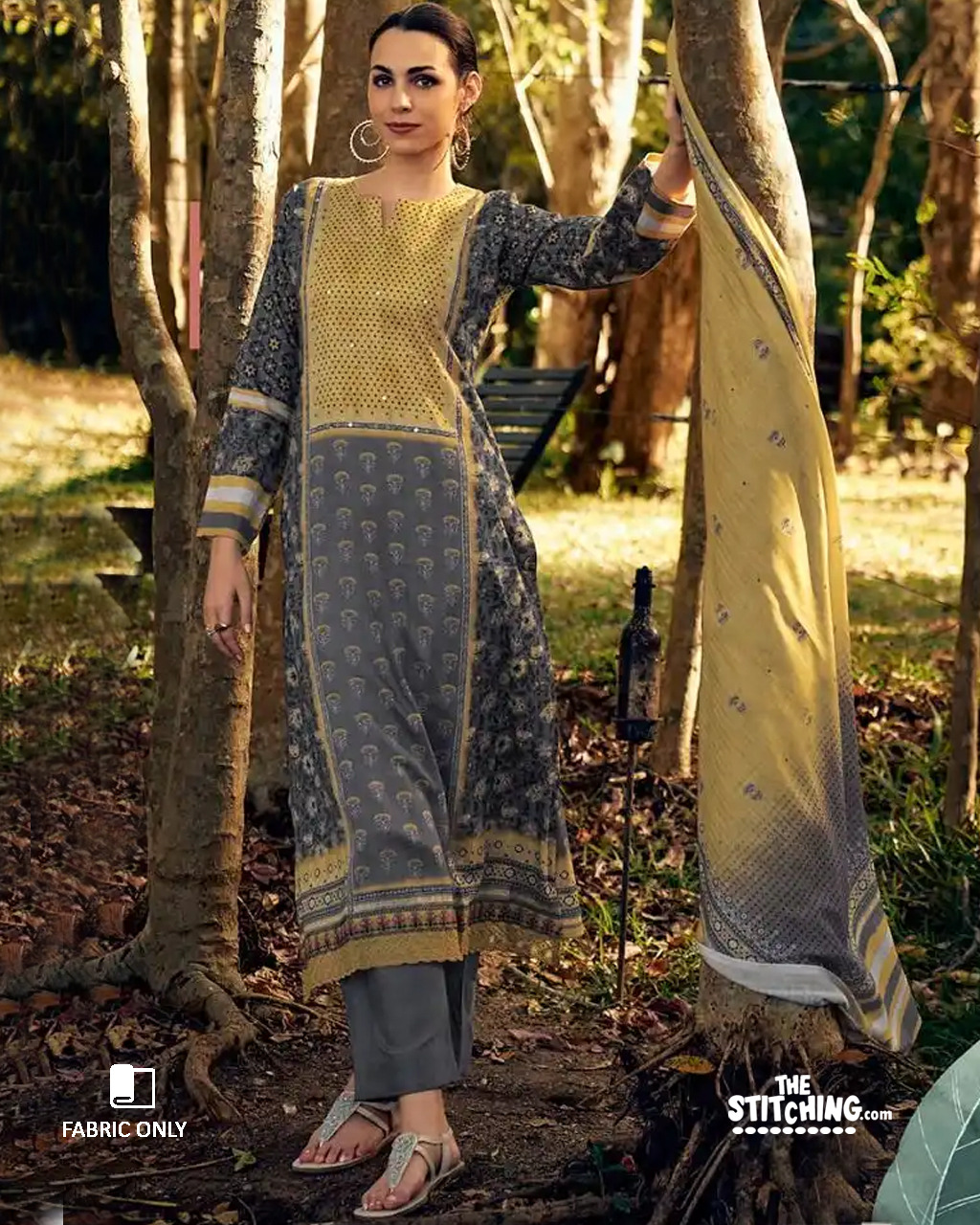 Yellow Grey Unstitched Dress Material