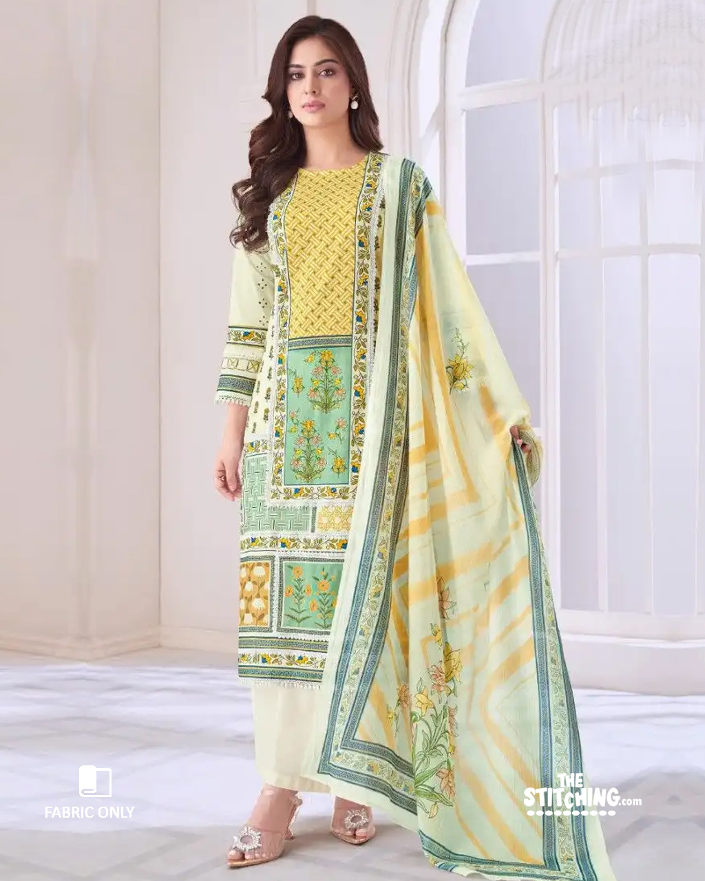 Yellow White Unstitched Dress Material
