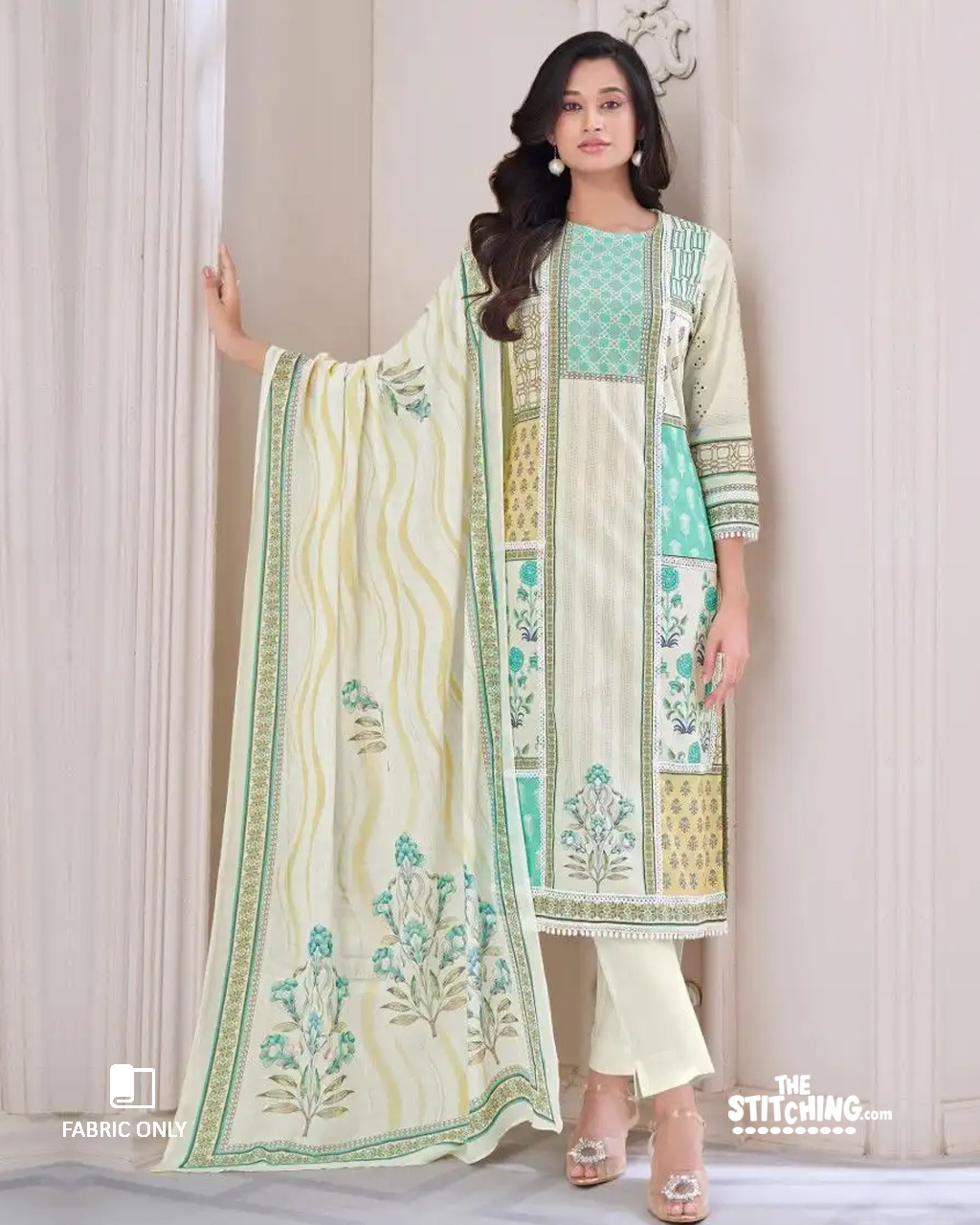 Green White Unstitched Dress Material
