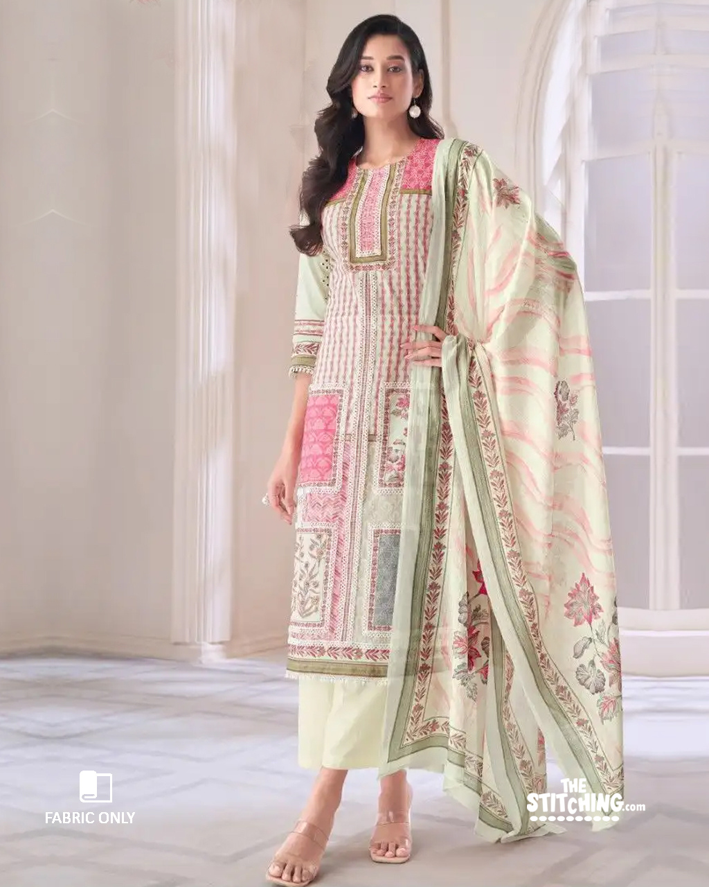Pink White Unstitched Dress Material