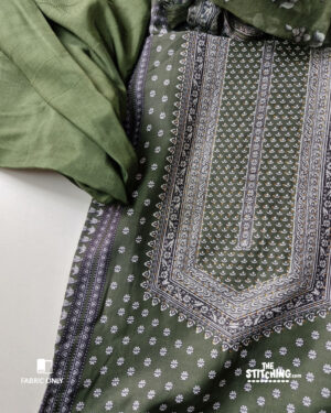 Army Green Muslin Unstitched Dress Material With Beautiful Rhinestones Work